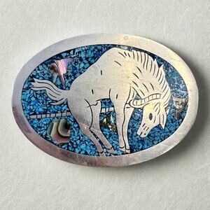 Vintage 80s Southwestern Turquoise Abalone Belt Buckle Burro Silver Mexico